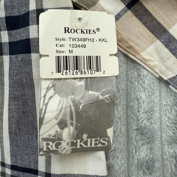 Rockies Shirt Womens M Western Plaid Tan‎ Navy Button Up Long Sleeve Cowgirl NWT - Picture 4 of 8
